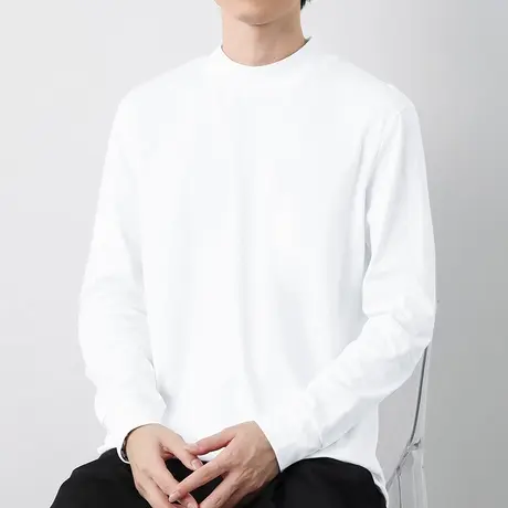 240g重磅纯棉t恤男士长袖半高领内搭打底衫纯色白色中领秋衣小衫商品大图