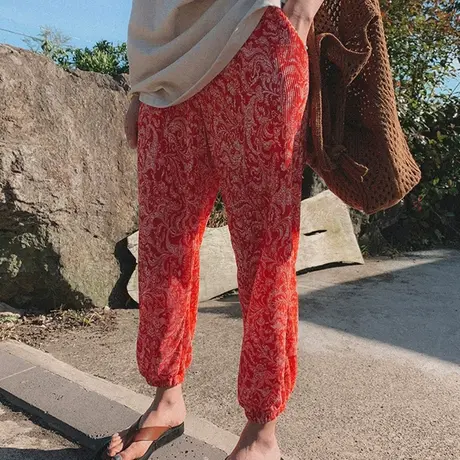 夏装新款松紧腰半身裤女印花压皱时尚休闲百搭九分阔腿萝卜裤子潮图片