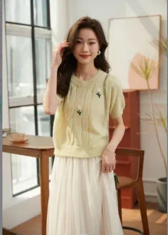 时尚气质简约针织短袖2023年夏季新款淑女宽松显瘦通勤百搭上衣图片