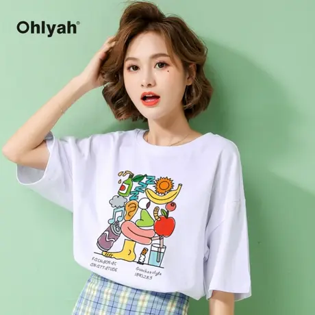 Ohlyah白色t恤女短袖2023年新款夏季港风潮牌涂鸦印花网红半袖潮商品大图