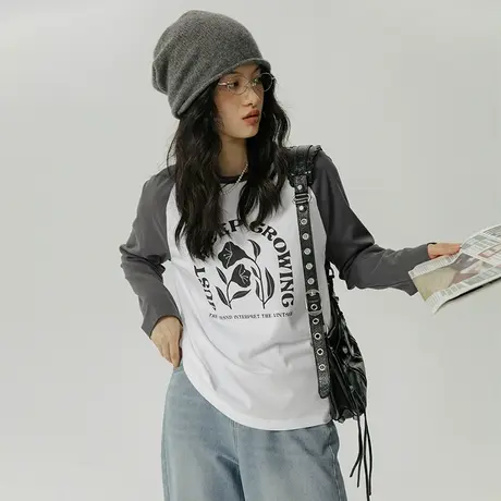 omont蛋挞家 印花长袖T恤女2023早秋新款撞色插肩袖百搭显瘦上衣图片