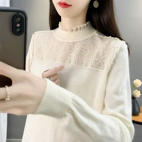 镂空半高领针织衫秋装女2023年新款内搭钉珠洋气打底衫套头上衣女商品大图