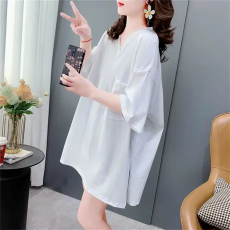 潮牌纯色V领短袖T恤女夏季2023年新款宽松慵懒风大码休闲半袖上衣商品大图