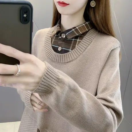 假两件套女格子衬衫领拼接低圆领针织衫女2022年新款套头毛衣女商品大图
