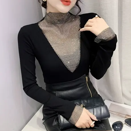 性感镂空上衣女设计感烫钻洋气T恤长袖内搭半高领加绒打底衫秋冬商品大图
