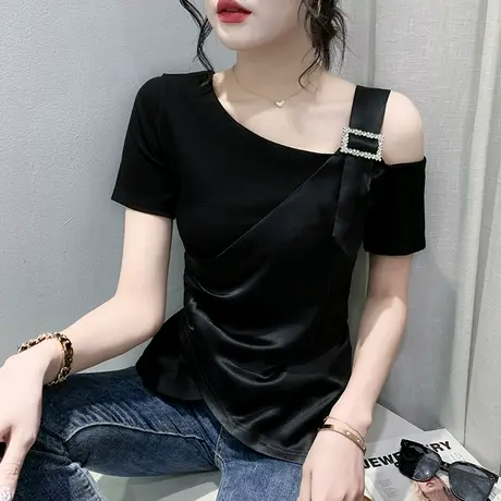 设计感网红T恤女短袖ins性感露肩上衣百搭收腰小衫不规则开叉体恤商品大图