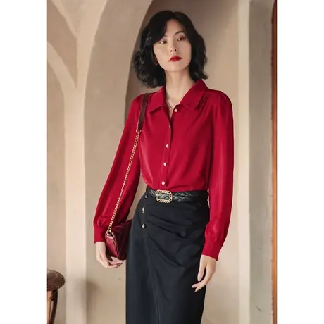 弥古港风红色雪纺衬衫上衣女秋季长袖气质法式泡泡袖小众衬衣外穿商品大图