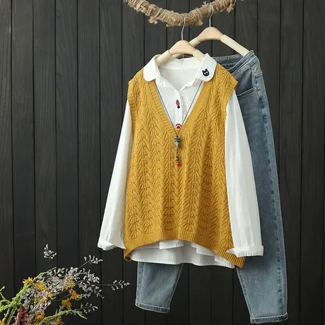 秋季新款外搭镂空叠穿马夹宽松V领背心无袖毛衣坎肩女装针织马甲商品大图