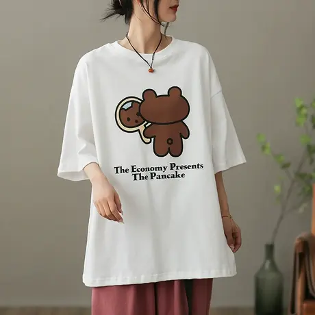 dza文艺复古卡通纯棉T恤女2023夏季圆领短袖体恤宽松显瘦打底上衣商品大图