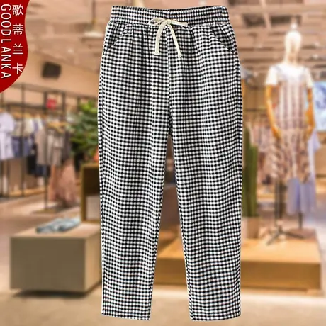 中年妈妈装夏装新款格子八分裤子松紧腰洋气时尚中老年女士休闲裤商品大图