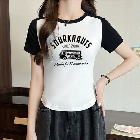 2023夏季新款修身女士纯棉t恤短袖正肩短款收腰美式甜辣小上衣服图片