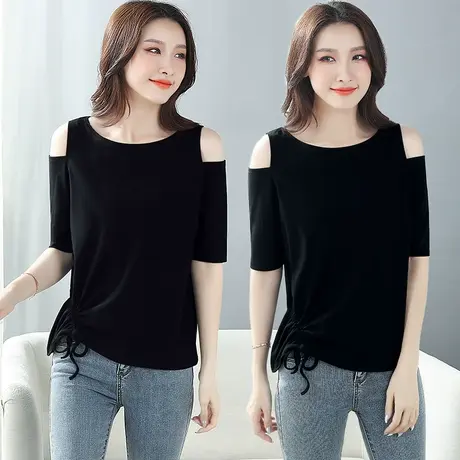 黑色小心机露肩t恤女夏大码宽松休闲时尚设计感褶皱抽绳中袖上衣图片