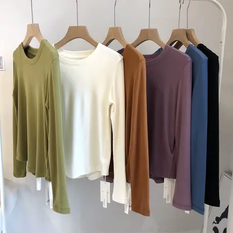 秋冬装2022圆领百搭加绒双面德绒打底衫女内搭长袖白色磨毛上衣商品大图