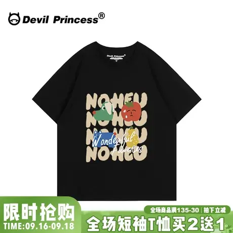 ulzzang小众设计感宽松黑色短袖女t恤vintage古着感卡通正肩上衣图片