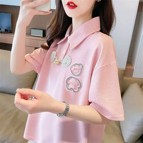 设计感小众短袖t恤女夏季韩版宽松翻领polo衫小个子华夫格上衣潮图片