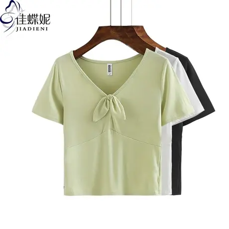 夏季新款V领蝴蝶结修身显瘦短袖体恤打底衫上衣内搭女装T恤图片