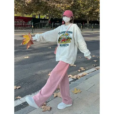 美式复古圆领卫衣女春秋薄款宽松慵懒风早秋季上衣外套潮牌设计感商品大图