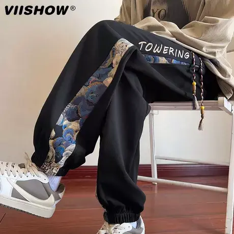 VIISHOW小熊拼接刺绣裤子男士春秋加绒潮牌运动束脚裤宽松休闲裤商品大图