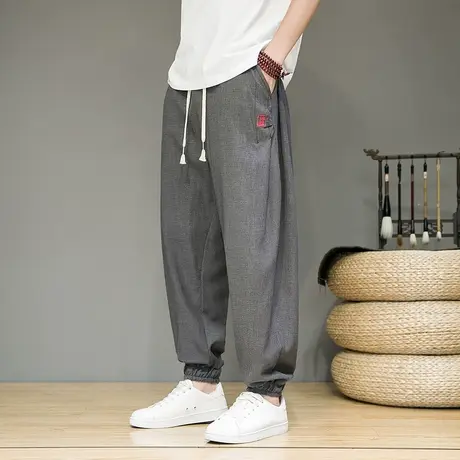 九分裤男夏季薄款中国风潮流宽松哈伦裤束脚冰丝休闲裤唐装裤子潮商品大图