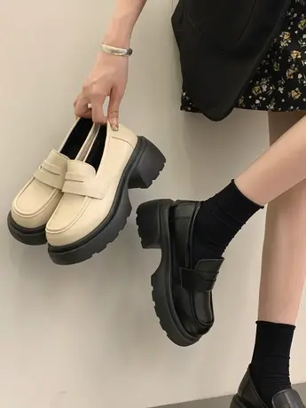 单鞋女2023春秋季新款粗跟厚底玛丽珍小皮鞋英伦复古一脚蹬乐福鞋商品大图