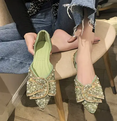 平底单鞋女2023年春季新款蝴蝶结水钻瓢鞋女小香风尖头软底孕妇鞋商品大图