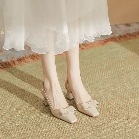 方头高跟鞋女2023年夏季新款粗跟后空一字扣带包头性感气质凉鞋图片