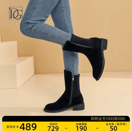 黑色中筒靴女2023秋冬新款真皮粗跟女靴加绒保暖低跟时装靴妈妈靴图片