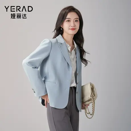 娅丽达女装蓝色西装外套女2024春新款休闲气质短款上衣职业小西服商品大图