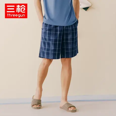 三枪家居裤男纯棉机织布沙滩裤棉布透气格子睡裤五分裤宽松休闲裤商品大图