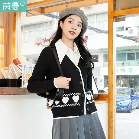 茵曼甜美毛衣开衫女2023年秋季新款爱心撞色宽松休闲显瘦针织外套商品大图