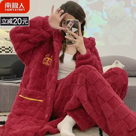 睡袍秋冬款女珊瑚绒加绒加厚法兰绒红色本命年嘻皮睡衣女冬季女款商品大图