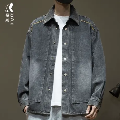 希越潮牌工装男士牛仔衬衫2024春季款宽松大码复古水洗休闲夹克男图片