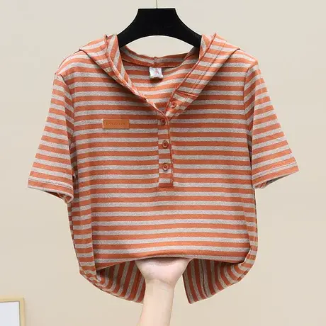 新款复古文艺条纹上衣女士休闲连帽套头T恤网红外穿短袖体恤衫潮商品大图
