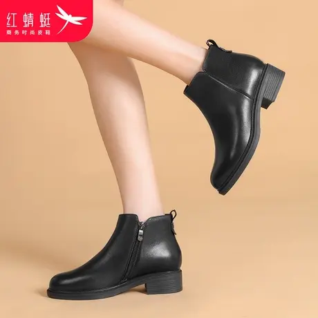 红蜻蜓真皮黑色短筒女靴2023春秋冬英伦风粗跟中跟妈妈短靴单靴子商品大图