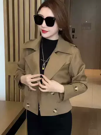 2023秋季新款双排扣短款风衣外套小个子减龄气质时尚百搭简约上衣商品大图