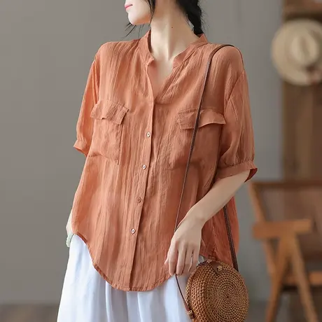 dza 复古高端白色苎麻上衣女士短袖开衫夏薄款气质不规则棉麻衬衣商品大图