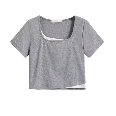 独特别致拼接假两件短袖t恤女2023年夏季新款短款设计感小众上衣商品大图