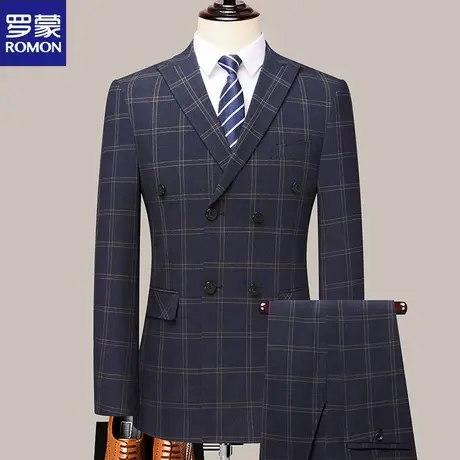 罗蒙格子西装男套装修身商务职业男士西服时尚休闲新郎结婚礼服装图片