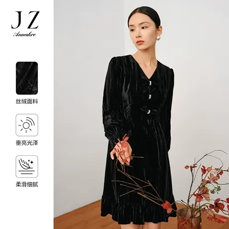 【百亿补贴官方直播】玖姿秋冬新款蝴蝶结X型压褶丝绒连衣裙图片