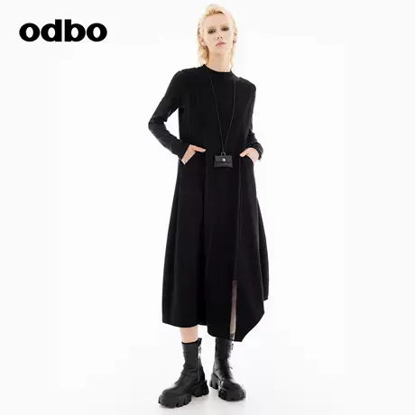 odbo/欧迪比欧时尚设计感连衣裙子2024秋季新款拼接简约风中长裙图片