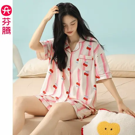 芬腾纯棉睡衣女夏季薄款短袖短裤套装条纹休闲夏天大码开衫家居服商品大图