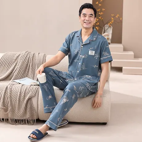 开衫翻领睡衣男士夏季纯棉短袖长裤薄款休闲大码家居服套装图片