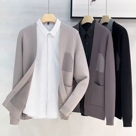 高级感口袋提花慵懒风V领开衫针织衫男毛衣外套秋季商务休闲线衫商品大图