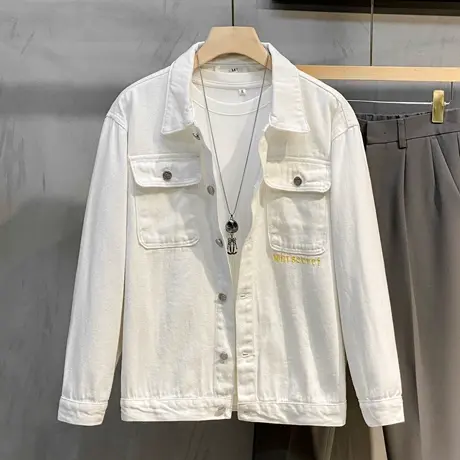 百搭牛仔衣外套男潮牌春秋季2023新款印花宽松工装牛仔夹克男衬衫图片