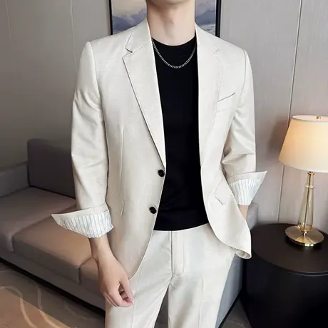 莱赛尔天丝羊毛半里衬西服男夏季薄款套装活袖衩西装搭松紧腰西裤图片