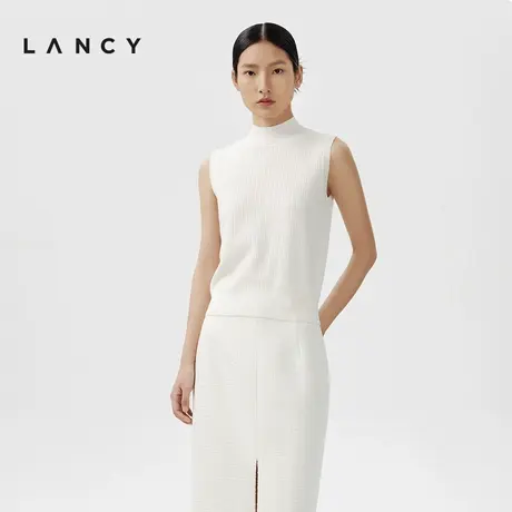 LANCY/朗姿2024春季新款半高领无袖桑蚕丝羊毛针织衫女高级短上衣图片