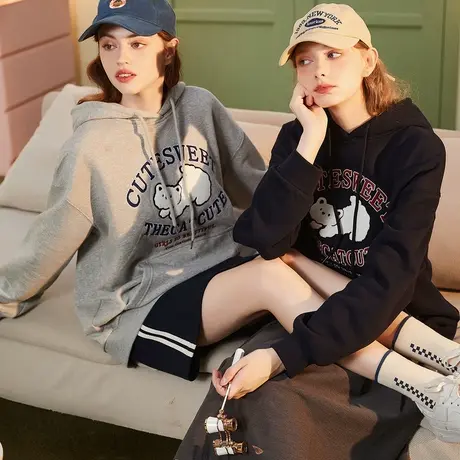 唐狮秋季新款女卫衣连帽宽松趣味设计感oversize立体图案上衣商品大图