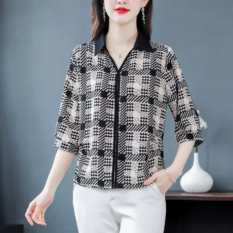 漂亮雪纺衫女2023夏装新款气质减龄中年妈妈高级感七分袖印花小衫商品大图