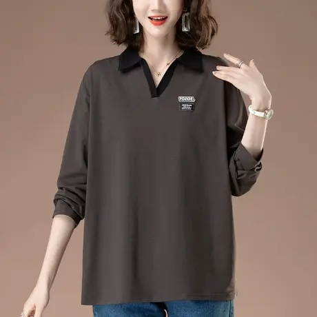 加肥加大码纯棉长袖t恤女春秋新款宽松中老年妈妈休闲翻领打底衫图片