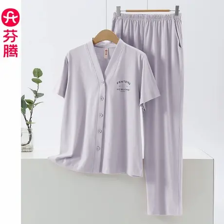 芬腾睡衣女款春夏季纯棉短袖长裤V领开衫休闲中年全棉家居服套装商品大图